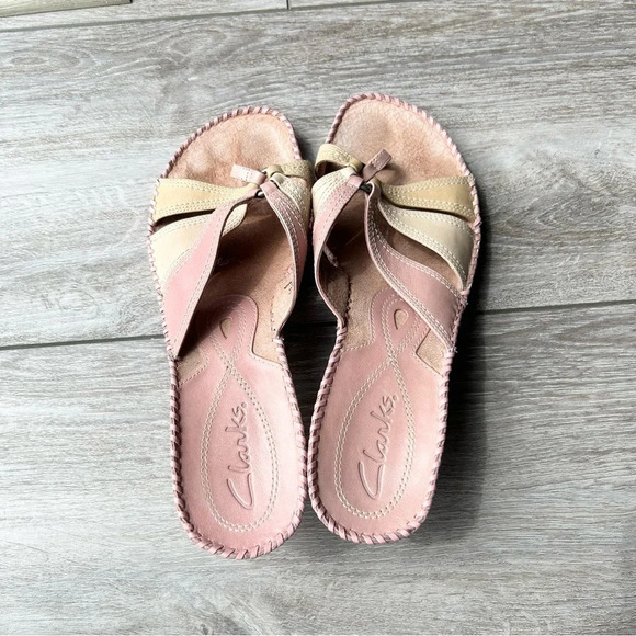 Clarks Women's Pink Beige Leather Open Toe Heels Sandals - Picture 6 of 14